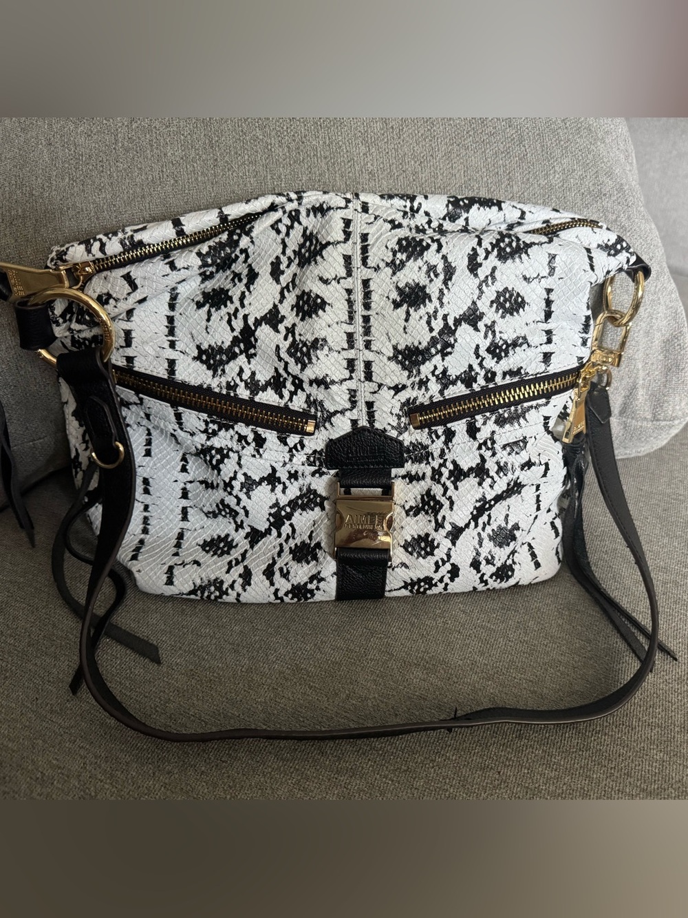 Aimee Kestenberg Black and White Snake-Print Crossbody with Gold Hardware